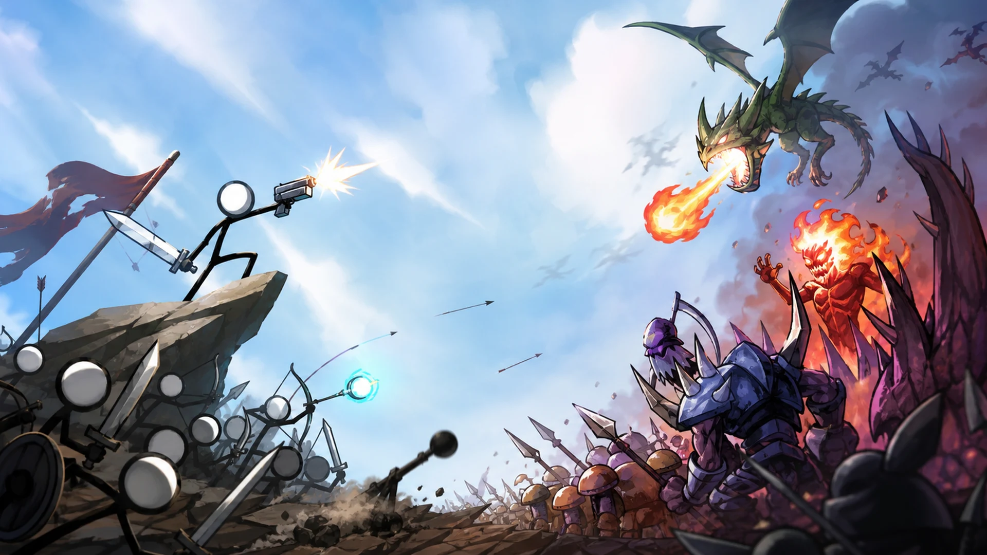 Cartoon Wars illustration of a small hand-drawn army facing a dragon and enemy castle