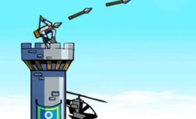 Close-up of the bow mounted on the player's castle, with arrows flying across the sky