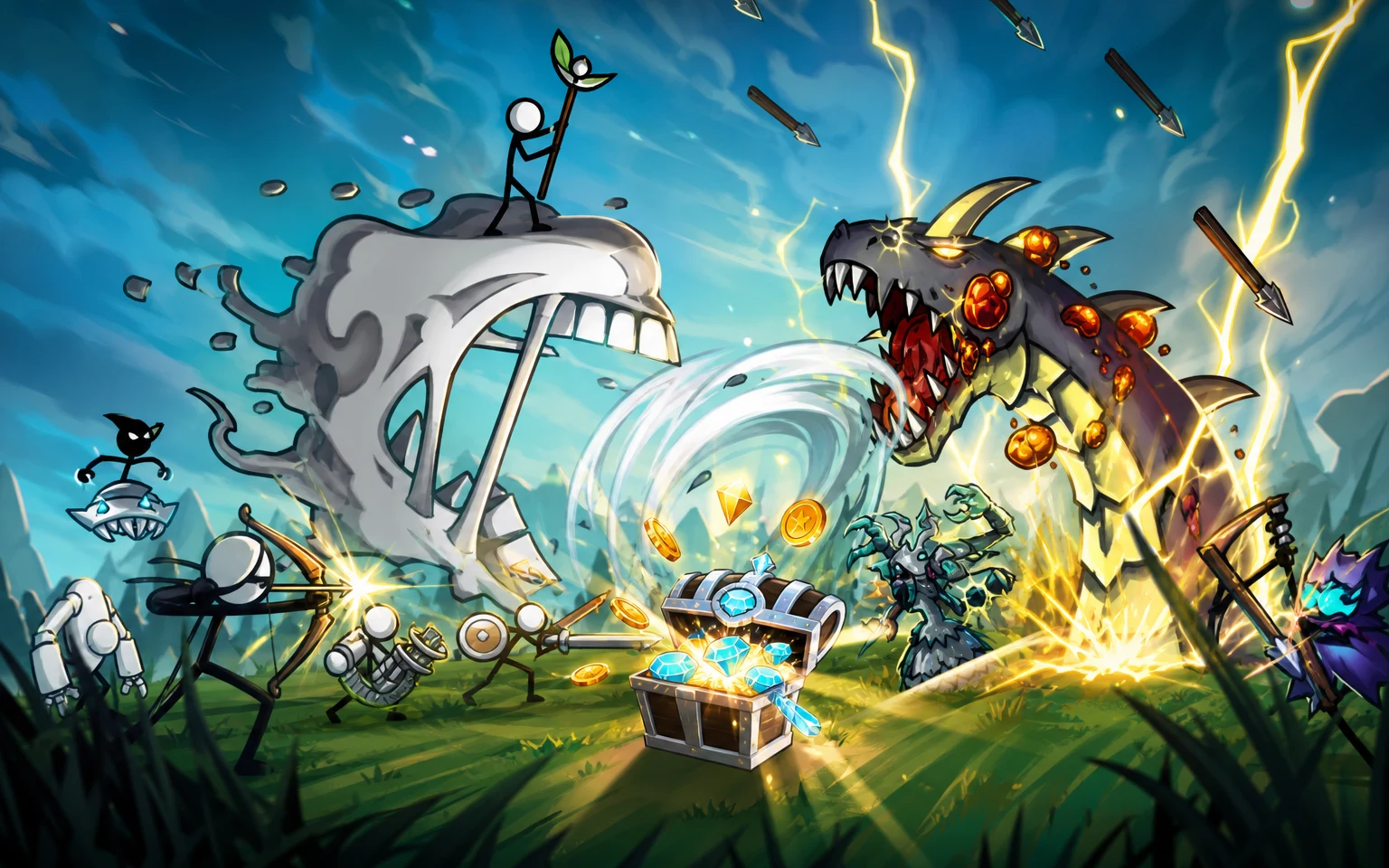Cartoon Wars illustration of rival armies, a dragon, and a whirlwind around a treasure chest