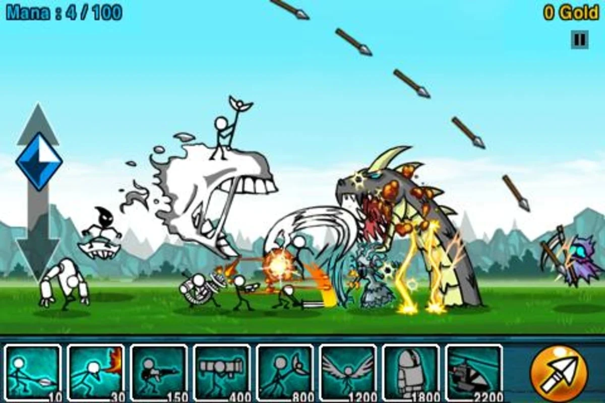 Cartoon Wars troops fighting on a colorful battlefield with arrows overhead and deployment controls below