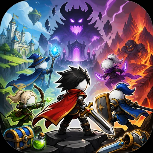 Hero's Adventure artwork featuring a hero and a towering fantasy creature