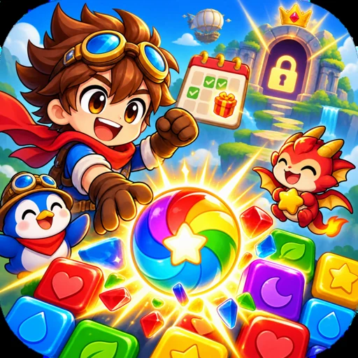 Puzzle Pop Quest artwork with a cheerful character and colorful puzzle pieces