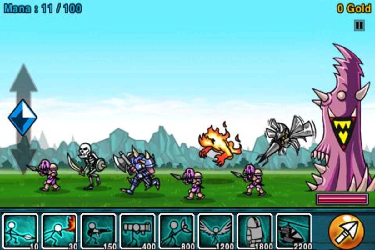 Enemy units in front of the purple enemy castle, with the summon bar along the bottom