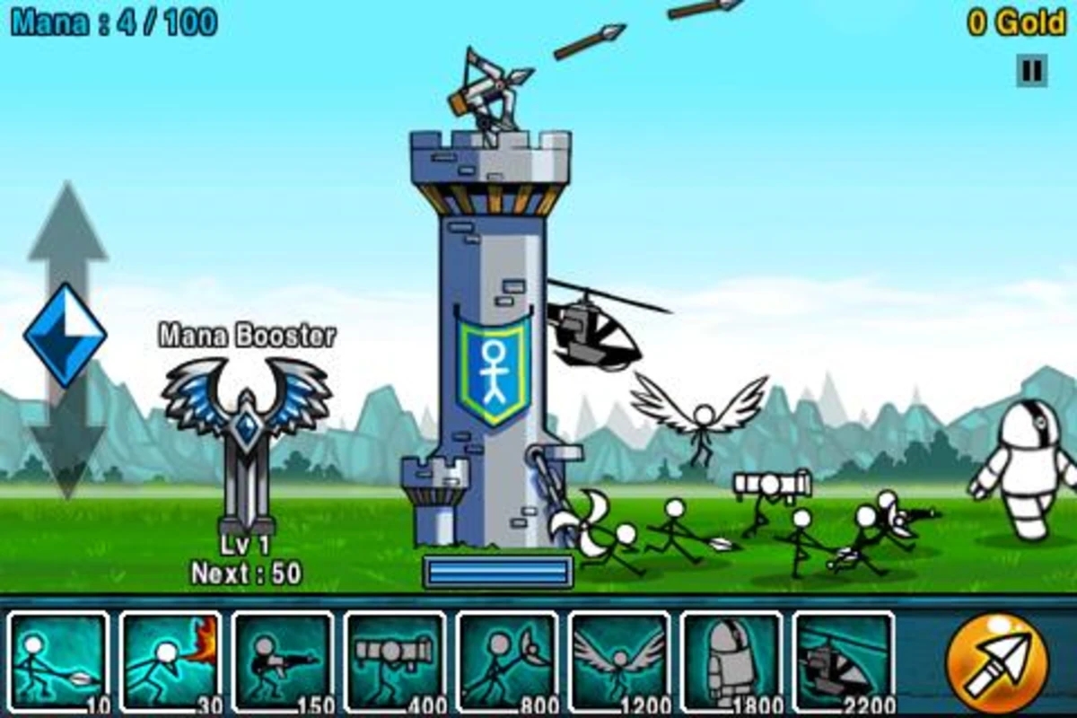 Player castle with its mounted bow, Mana Booster, friendly troops, and deployment buttons