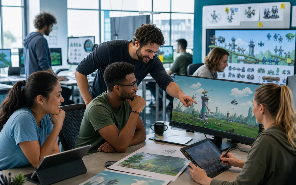 Studio illustration of colleagues sharing ideas around a game screen