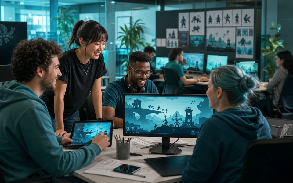 Studio illustration of a game design discussion around a castle-defense scene